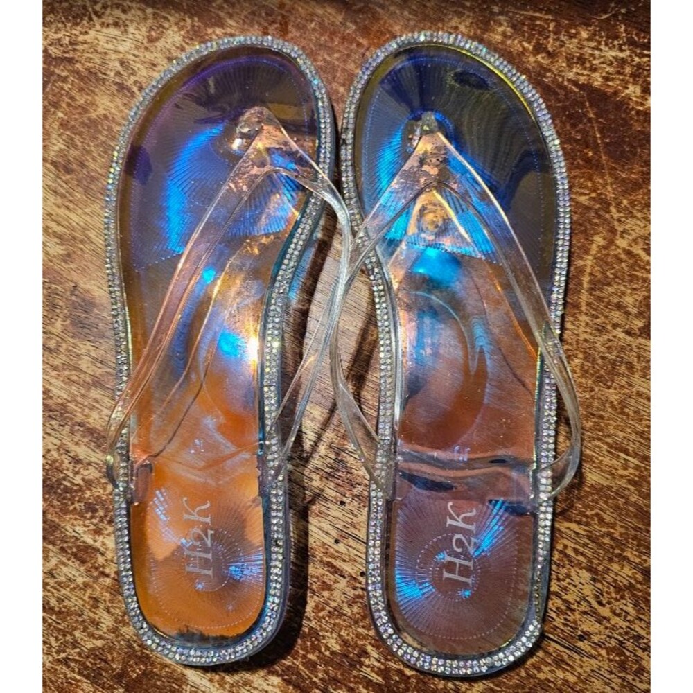 H2K Jelly Sandals Thongs Flip Flops w/small rhinestone trim Flat bottoms Clear